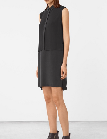 100% Silk Radial Black Sleeveless Tunic Dress