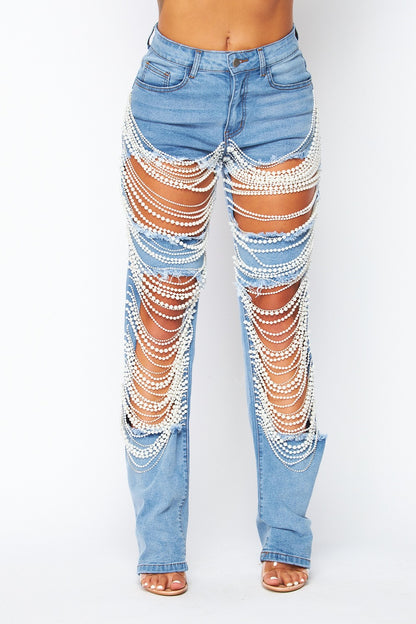 New Denim Pearl and Rhinestone Jeans pants high rise straight leg embellished