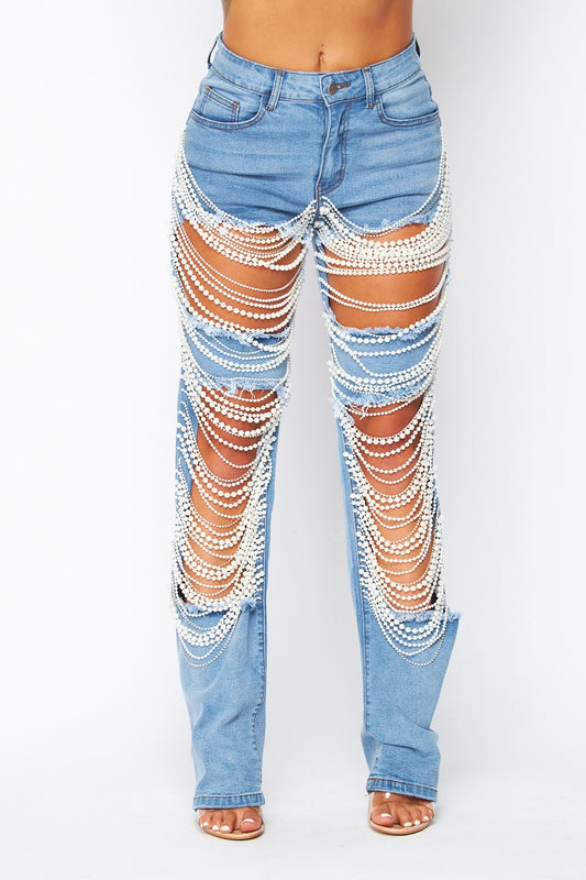 New Denim Pearl and Rhinestone Jeans pants high rise straight leg embellished
