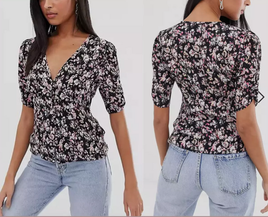 Kota Freefall Floral Printed Black Pink Top