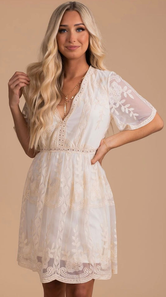 Ivory Beige Cream Lace Mini Dress White
