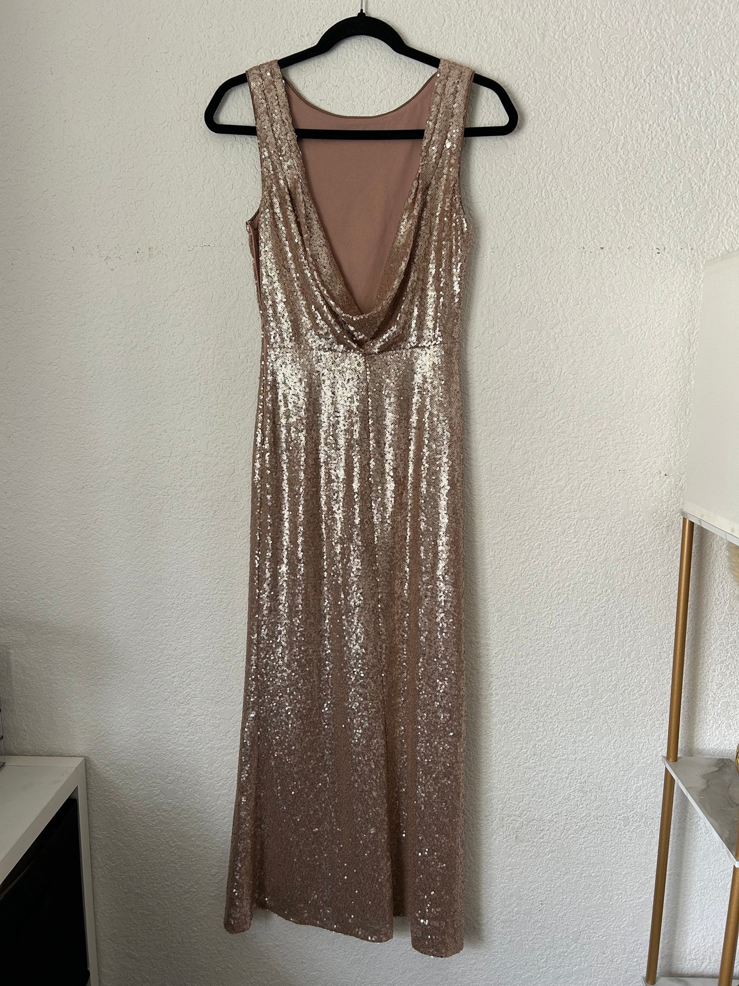 Slink and Wink Matte Rose Gold Sequin Maxi Dress Elegant Evening Gown