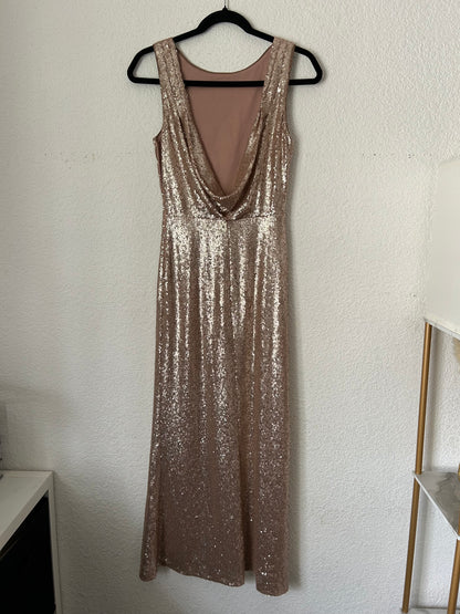 Slink and Wink Matte Rose Gold Sequin Maxi Dress Elegant Evening Gown