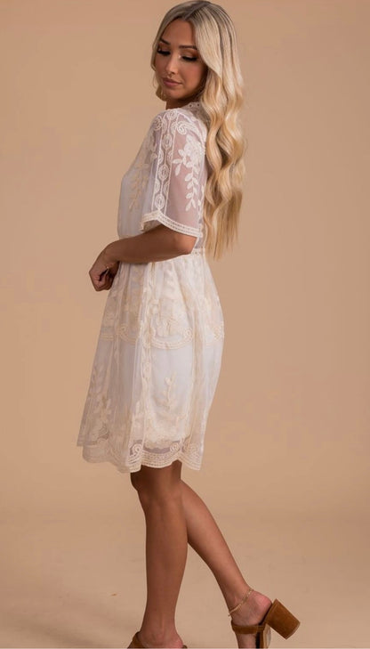 Ivory Beige Cream Lace Mini Dress White