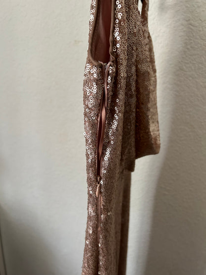 Slink and Wink Matte Rose Gold Sequin Maxi Dress Elegant Evening Gown