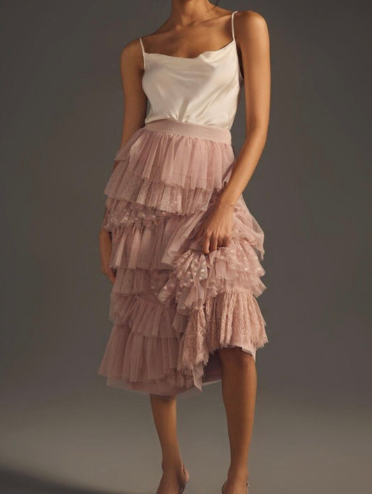 Mesh Tulle Lace Pink Mauve Blush Midi Skirt