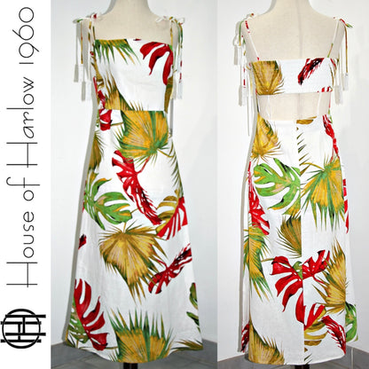 Linen Tropical Print Dress Red Green Yellow Bead Tassels