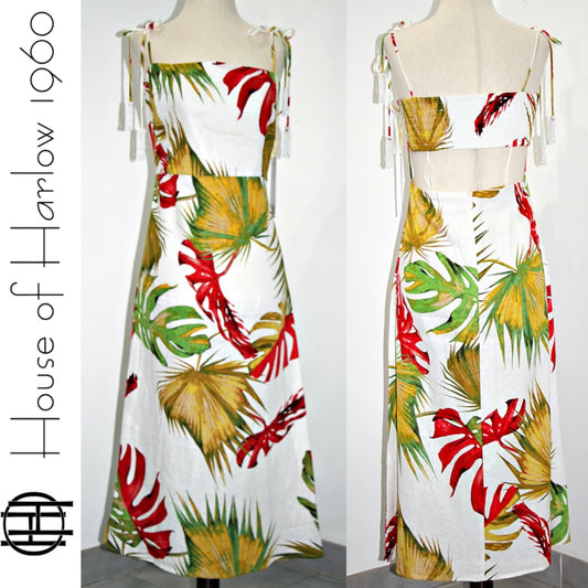 Linen Tropical Print Dress Red Green Yellow Bead Tassels