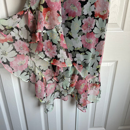 Floral Chiffon Ruffle Long Tiered Dress Pink Green