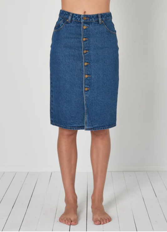Denim Blue Knee-Length Button Up Pencil Skirt