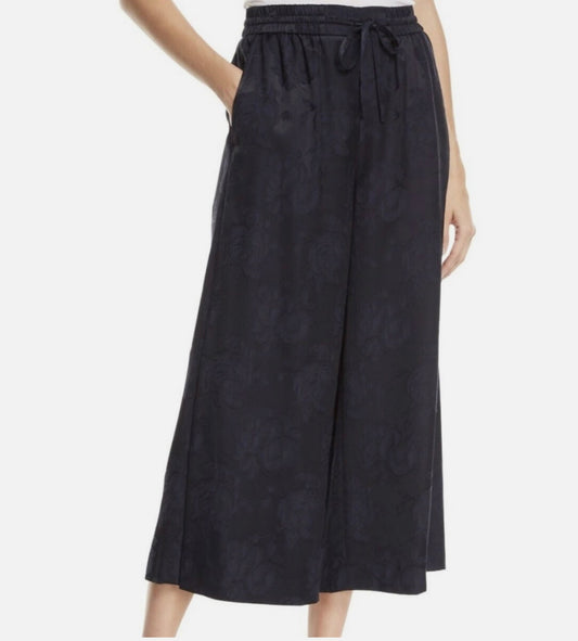Navy Floral Jacquard Drawstring Culotte Pants