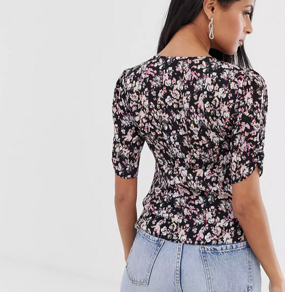 Kota Freefall Floral Printed Black Pink Top