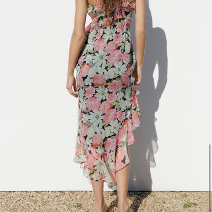 Floral Chiffon Ruffle Long Tiered Dress Pink Green