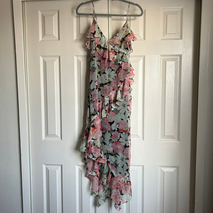 Floral Chiffon Ruffle Long Tiered Dress Pink Green