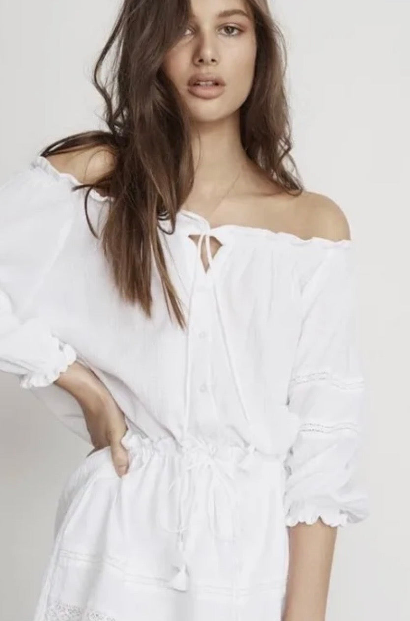Alacati Dress In Plain White Cotton Crinkle Ivory White