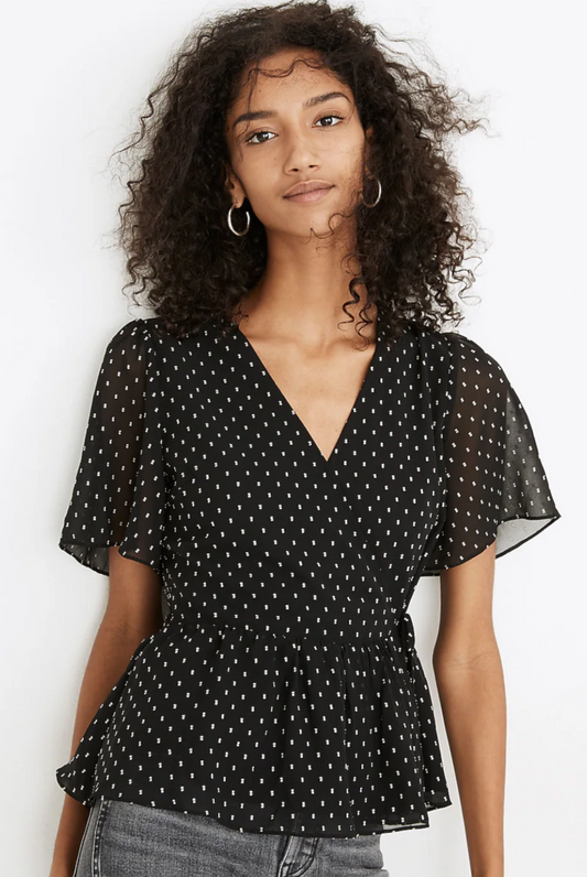 Flutter Sleeve Peplum in Black White Clipdot V Neck Short Sleeve Blouse