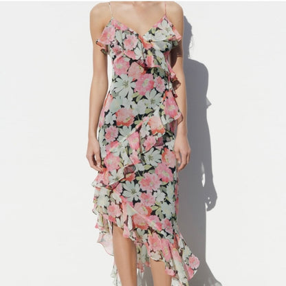 Floral Chiffon Ruffle Long Tiered Dress Pink Green