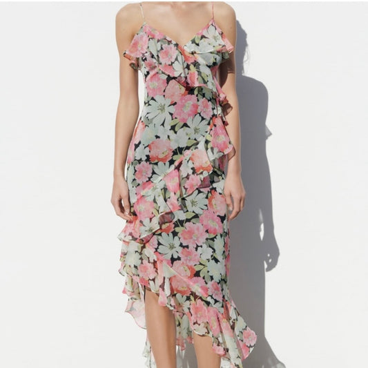 Floral Chiffon Ruffle Long Tiered Dress Pink Green