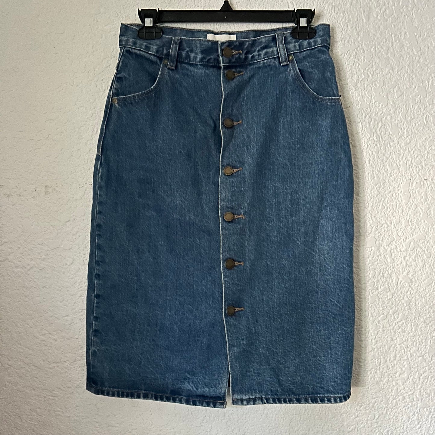 Denim Blue Knee-Length Button Up Pencil Skirt