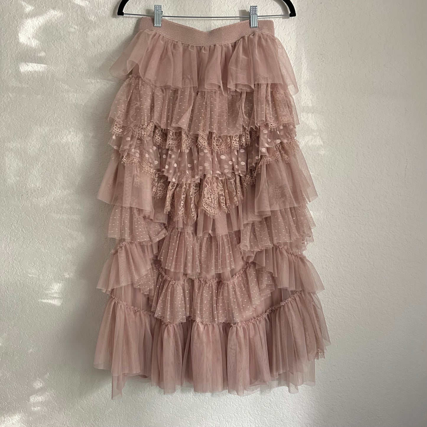 Mesh Tulle Lace Pink Mauve Blush Midi Skirt
