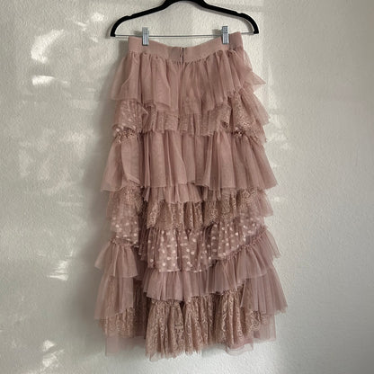 Mesh Tulle Lace Pink Mauve Blush Midi Skirt