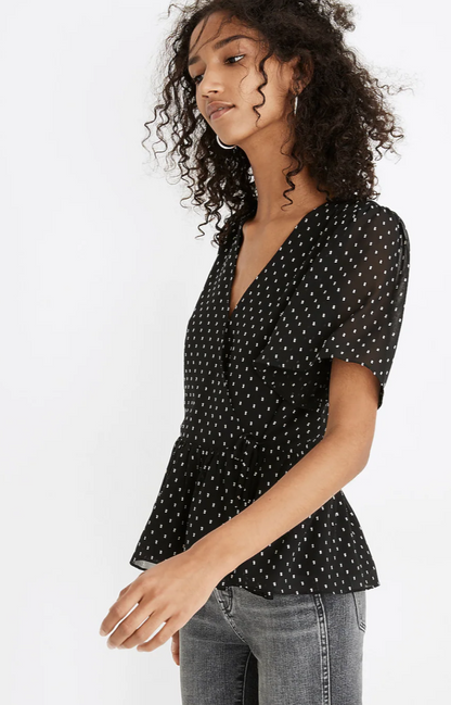 Flutter Sleeve Peplum in Black White Clipdot V Neck Short Sleeve Blouse