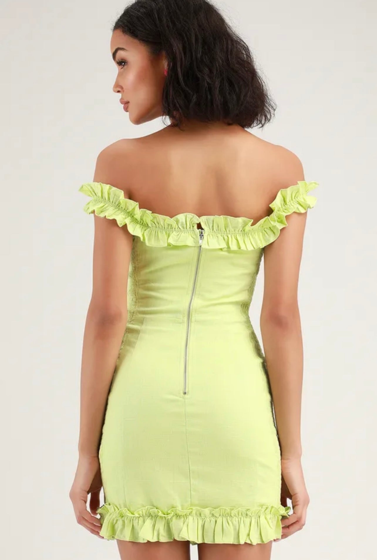 Elati Lime Green Ruffled Off-the-Shoulder Bodycon Dress Cotton Linen Blend