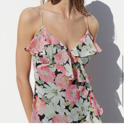 Floral Chiffon Ruffle Long Tiered Dress Pink Green