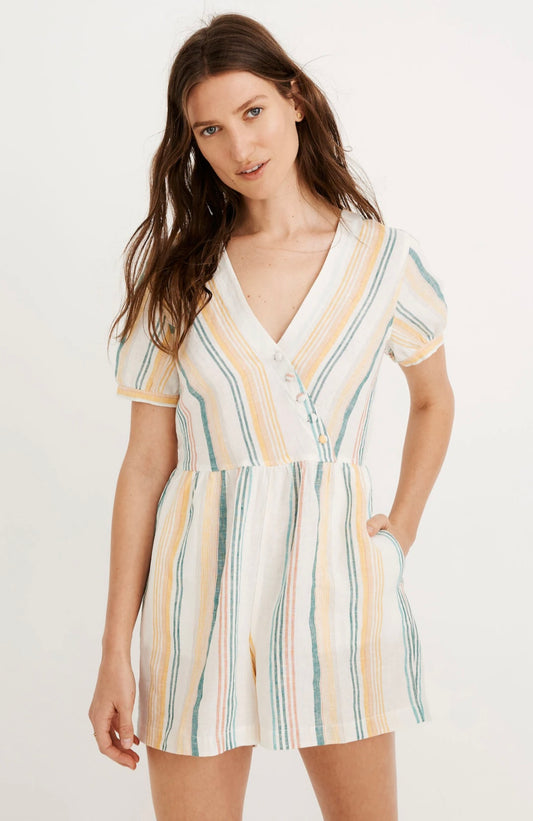 Madewell Linen Button Wrap Romper in Striped Pale Parchment Carnival White Ivory