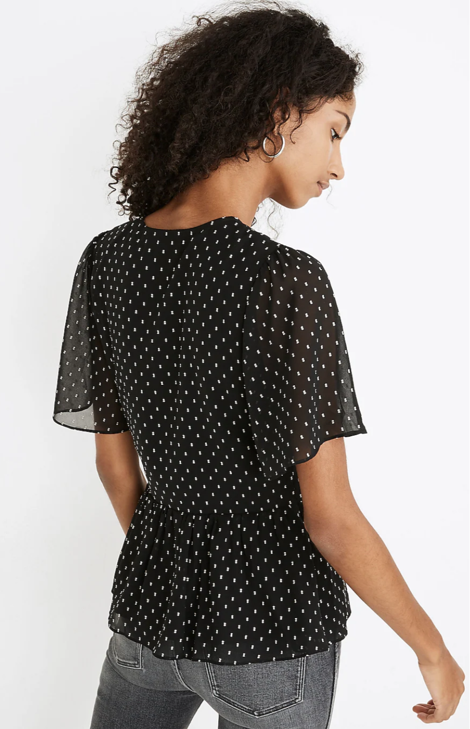 Flutter Sleeve Peplum in Black White Clipdot V Neck Short Sleeve Blouse