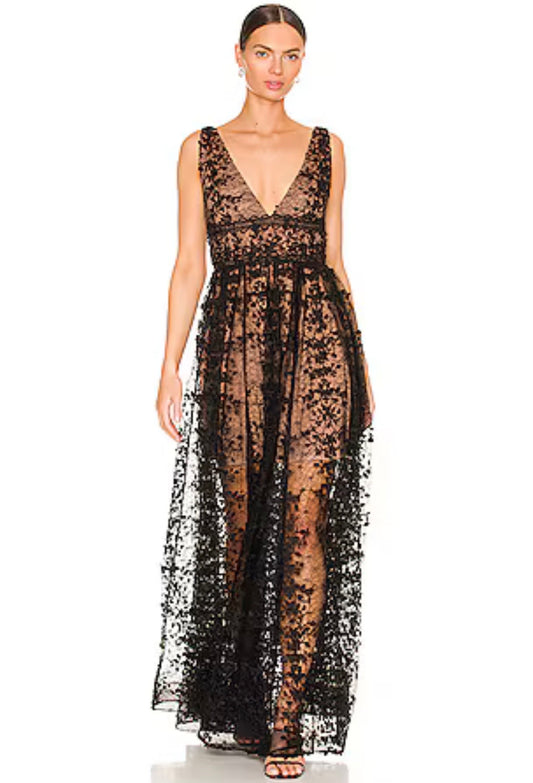 Megan Maxi Dress In Black Lace Tulle