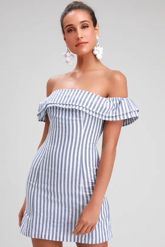 Seaside Skipper Blue Striped Off-the-Shoulder Mini Dress