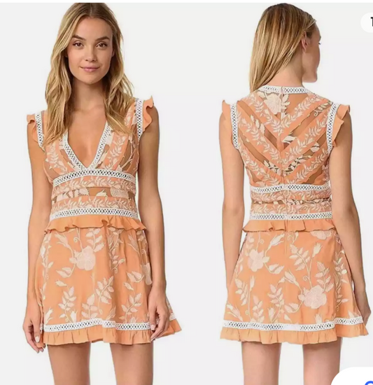 Mia Mini Dress Medium Lace Ruffles Embroidered Peach White