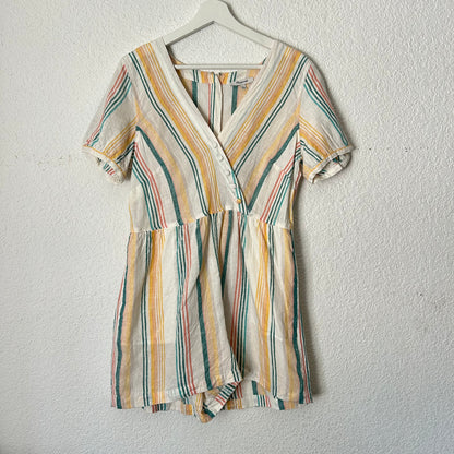 Madewell Linen Button Wrap Romper in Striped Pale Parchment Carnival White Ivory
