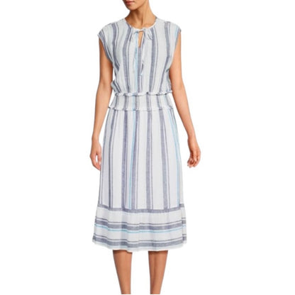 Ashlyn Linen Dress In Aegean Blue Stripe