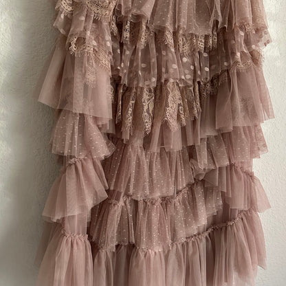 Mesh Tulle Lace Pink Mauve Blush Midi Skirt