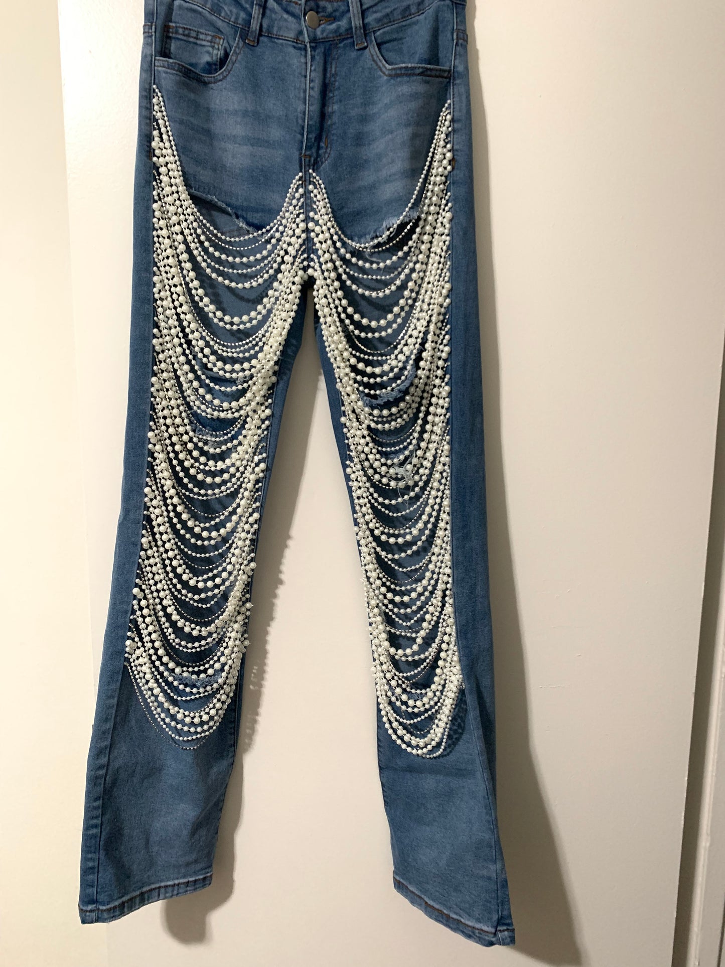New Pearl and Rhinestone Detail Blue Denim Jeans Pants